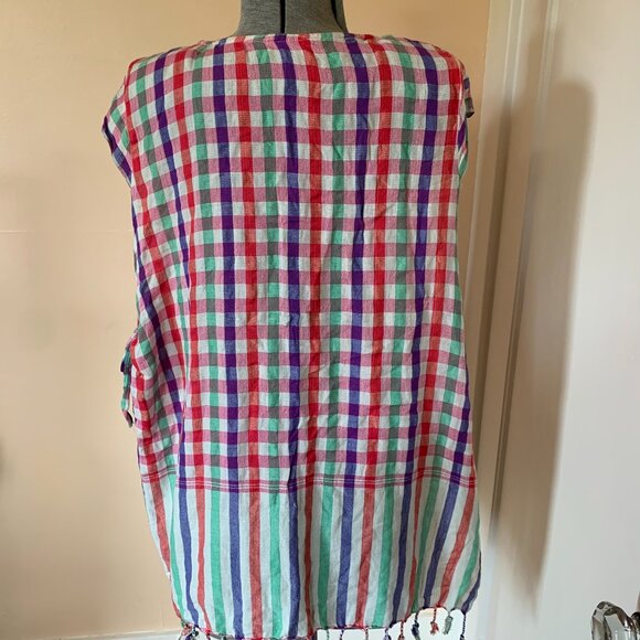 Top Sleeveless Side Tie Multicolor Plaid Check Open Side Cap Sleeve Preppy Beach - Picture 3 of 6